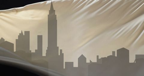 Abstract Cityscape Silhouette with Floating Fabric