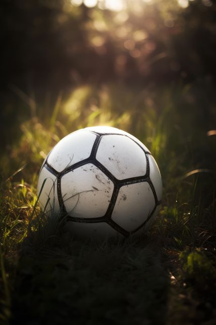 Shows an old soccer ball resting on a grassy field in the soft light of dusk. Great for illustrating themes of childhood memories, outdoor sports, recreation, and nostalgia. Perfect for use in sports-related content, outdoor activity promotions, or lifestyle blogs.
