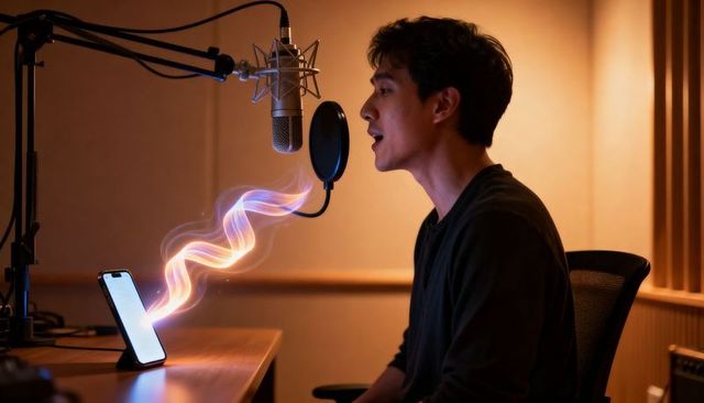 Asian vocalist recording with smartphone emitting light waves into condenser microphone