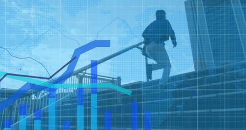Businessman running stairs symbolizing financial growth and success