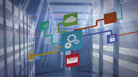 Digital Connections Overlaid on Futuristic Server Room