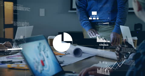 Team Analyzing Financial Data with Virtual Interface in Modern Office