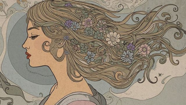 Art nouveau woman with floral hair in pastel colors