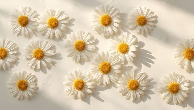 Scattered white daisies casting soft shadows on cream surface minimalist flatlay