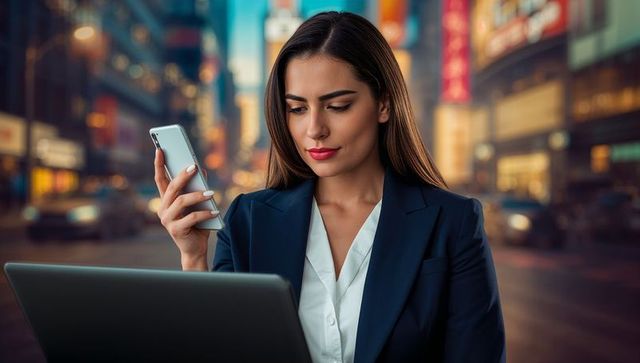 Businesswoman balancing work and tech in urban cityscape at dusk