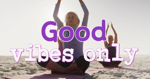 Women Practicing Yoga on Beach with Positive Message Overlay - Download Free Stock Images Pikwizard.com