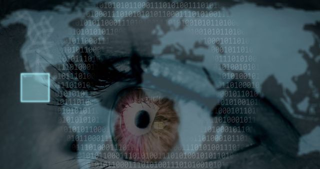 Close-up of an eye with binary code and world map overlay, illustrating technology and cybersecurity concepts. Ideal for use in articles or materials related to online security, global networks, cyber surveillance, data protection, and digital innovation.