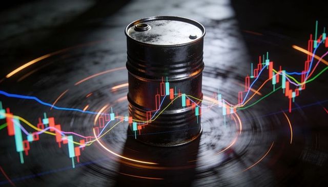 Rusty Oil Barrel Reflecting Neon Candlestick Chart and Moving Averages