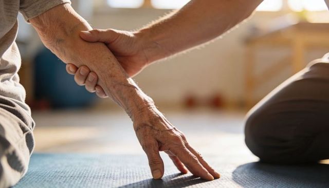 Caregiver holding and supporting senior forearm during rehabilitation exercise on mat