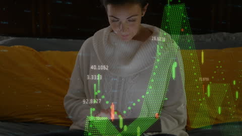 Woman Using Tablet with Digital Financial Data Overlay