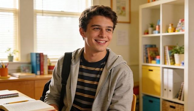 Smiling teenage student studying at desk in bright classroom with backpack and notebooks