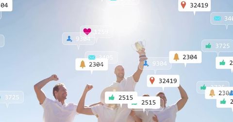 Cricket team celebrating victory lifting captain with trophy and social media notification overlay