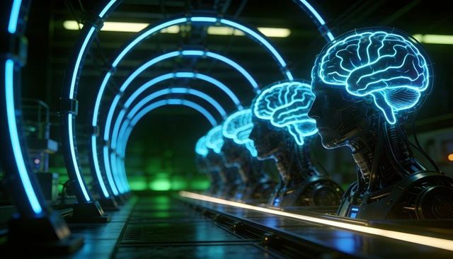 Humanoid robots lining neon corridor with glowing brain circuitry, chrome android busts