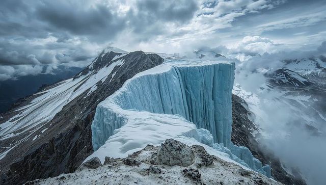 Rising blue ice cliff spilling from snow cornice on alpine ridge under stormy clouds