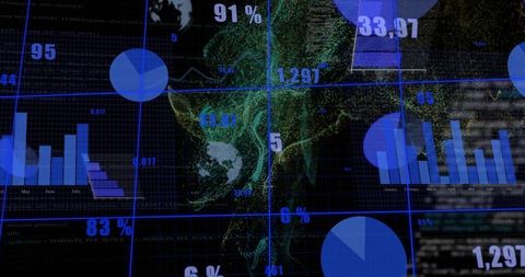 Neon Volumetric Point Cloud Data Dashboard with Blue Pie Charts and Bar Graphs for Telemetry