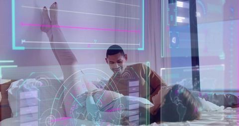 Couple relaxing on bed with futuristic augmented reality hud overlay near window