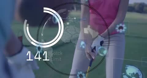 Modern Golfer Analyzing Data with Virtual Tech Overlay on Golf Course
