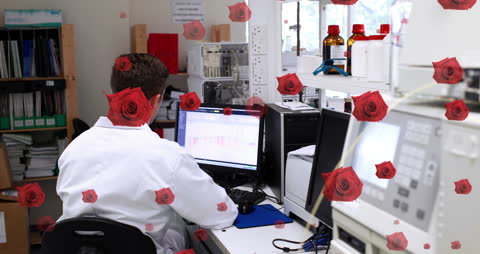 Scientist Analyzing Data in Lab with Virtual Roses Overlay
