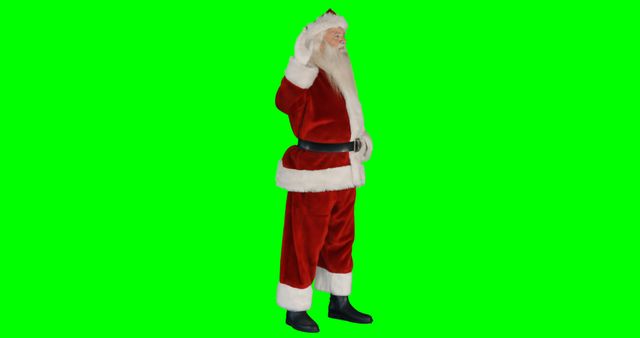 Santa Claus dressed in the traditional red suit and hat, complete with a white beard, is waving against a green screen background. This can be used in holiday-themed promotional materials, Christmas cards, websites, or social media posts to add a festive touch. The green screen allows for easy background replacement to fit various holiday settings and creative projects.