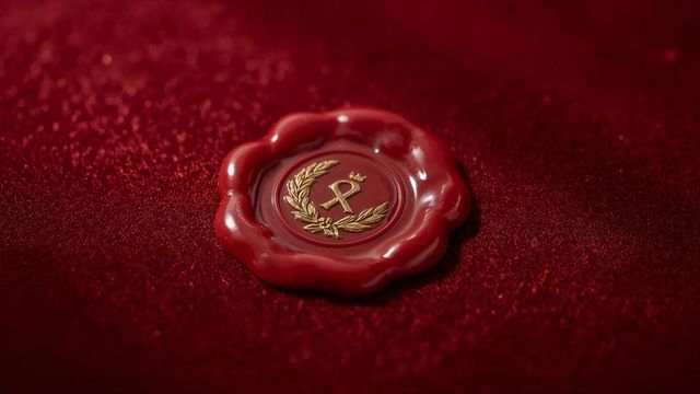 Elegant red wax seal on velvet with gold emblem