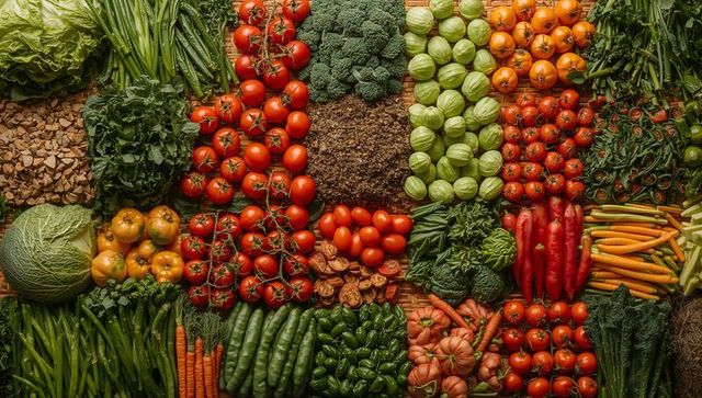 Displaying vibrant vegetable grid with vine tomatoes, broccoli, peppers, leafy greens