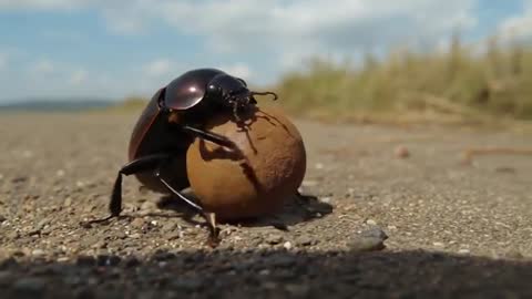 Dung beetle pushing and rolling dung ball along sandy shore close-up macro footage