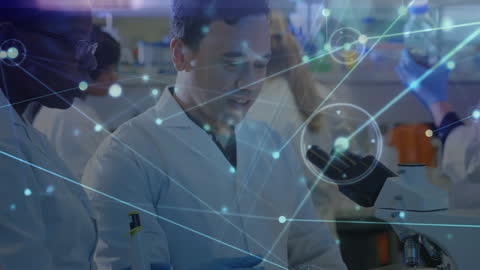 Diverse Scientists Analyzing Data with futuristic network overlay