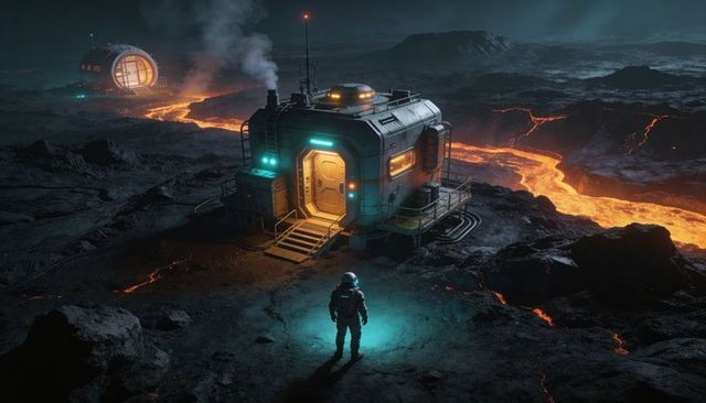 Astronaut standing and surveying lava plain at night by scifi habitat volcanic outpost