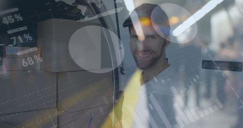 Smiling Delivery Professional with Data Charts Overlay - Download Free Stock Images Pikwizard.com