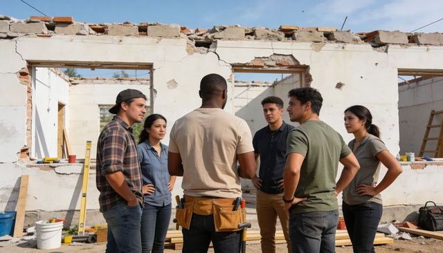 Foreman briefing multicultural renovation crew at demolition site, collaborative planning