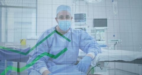 Surgeon sitting in operating room with green analytics overlay tracking patient vitals