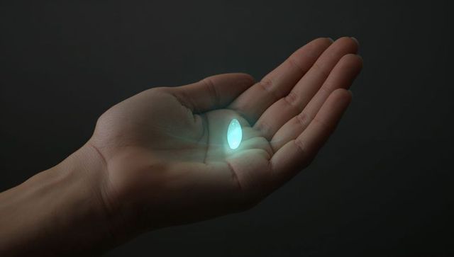 Right hand holding teal glowing capsule over palm halo light minimal dark background