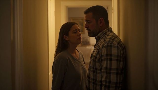 Couple standing face to face in narrow hallway conveying tension with warm moody evening light