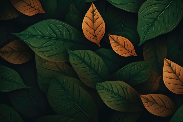 Close up of multiple green and orange leaves background, created using generative ai technology. Nature, pattern and texture concept digitally generated image.