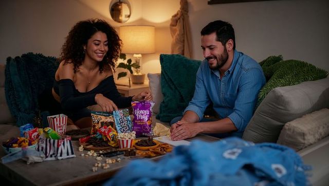 Cozy couple sharing snacks on sofa for movie night romantic date night at home evening