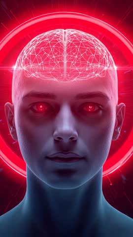 Pulsing Neural Map Igniting Red Halo Around Futuristic Male Portrait Vertical Video