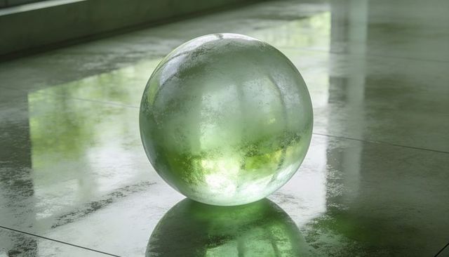 Translucent emerald glass sphere casting soft window reflections on glossy tiled floor