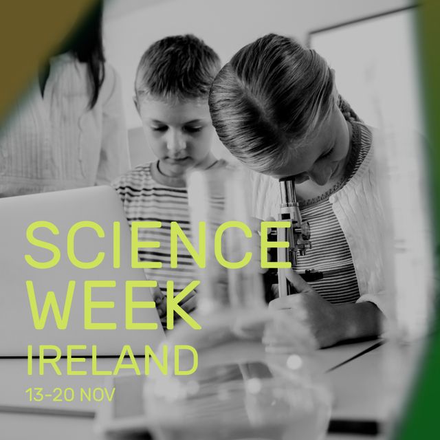 Composition of science week ireland text with diverse schoolchildren using microscope. Science week and celebration concept digitally generated image.