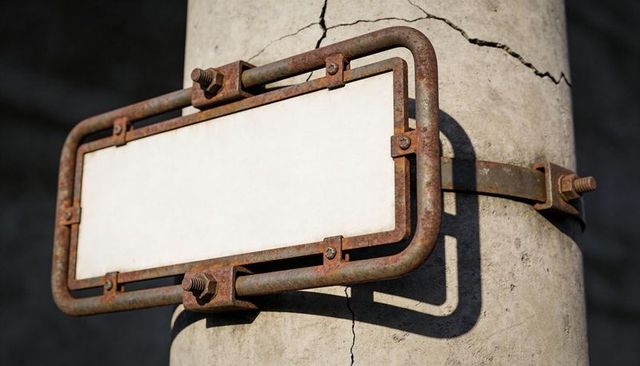 Blank Rusted Metal Sign Panel on Weathered Concrete Pole Casting Deep Shadow