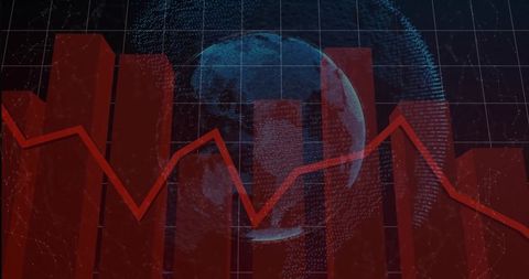 Global market downturn visualization showing red 3d bar chart and jagged trend line