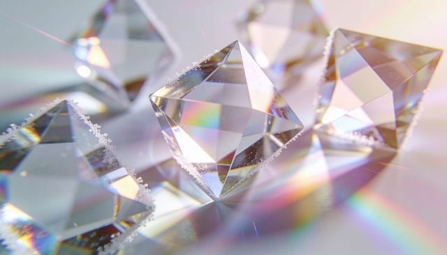 Clear faceted crystal prisms casting rainbow light and pastel refractions on glass surface