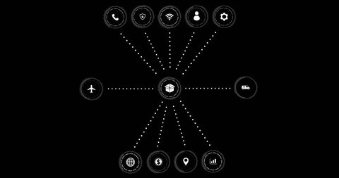 Digital network with connected node icons on black background
