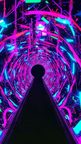 Gliding through neon ribbon tunnel vertical video immersive futuristic light installation