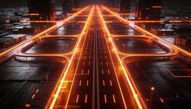 Stretching neon highway leading to horizon in futuristic urban grid with glowing ramps