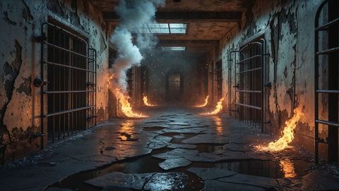 Ghostly abandoned hell prison corridor with flames and decay