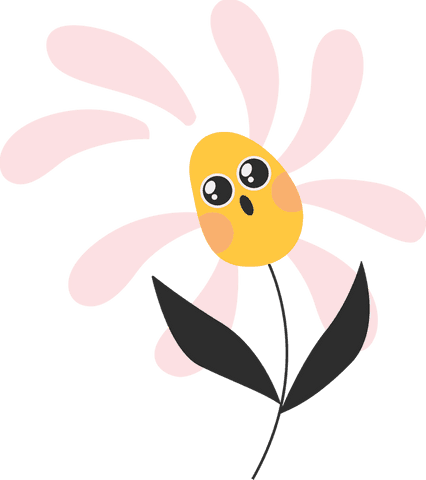 Cute cartoon flower with surprised kawaii face on transparent