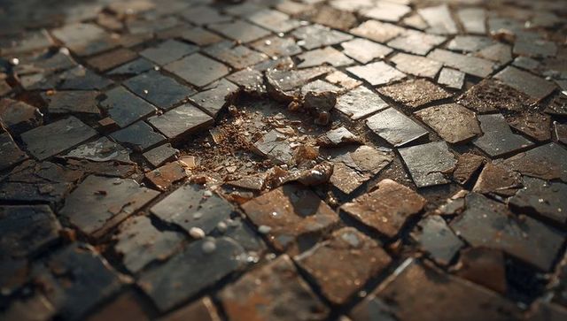 Weathered mosaic pavement crumbling stone tiles with cracked grout and debris