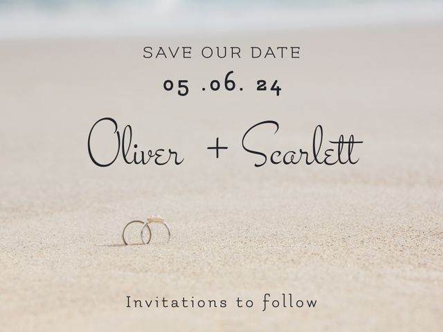 Ideal for use by couples planning a beach wedding to announce their special date. Design features elegant text with couple's names, complemented by a close-up of wedding rings in the sand, creating a romantic and serene feel. Perfect for invitations, social media announcements, or wedding websites.