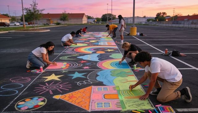 Teens creating large chalk mural in parking lot at sunset collaborative community art