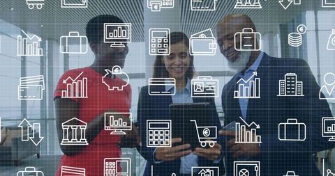 Collaborating Business Team with Finance Icons in Modern Office